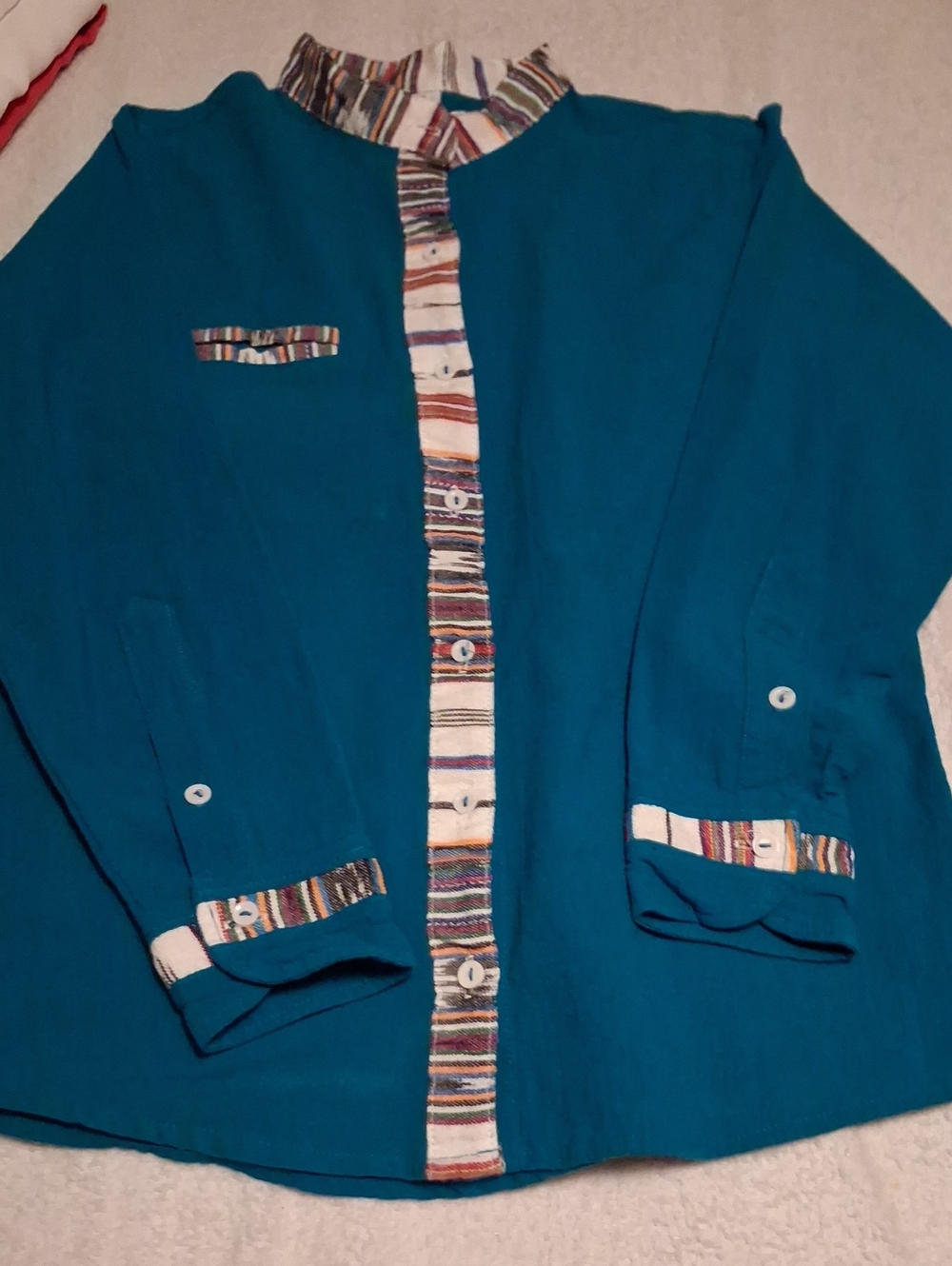 Women's Teal Button-Down Shirt with Multicolor Trim